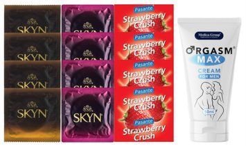 Комплект: Пролонгатор Medica-Group Orgasm Max 50 мл + 8 шт SKYN + 4 шт Pasante Strawberry SOS10961 фото