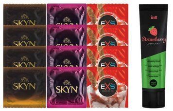 Комплект: Лубрикант Intt Strawberry (100 мл) + 8 шт SKYN + 4 шт EXS STRAWBERRY SUNDAE SOS10390 фото