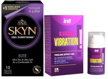Набор из SKYN Elite (10 шт) + жидкий вибратор Intt Vibration Blackberry (15 мл) SOS9744 фото