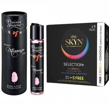 Набір : Масажна олія Plaisir Secret  Candy Floss 59 мл та SKYN Selection 30 + 5 of 5 Senses 35 шт SOS664 фото