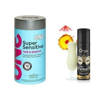 ONE Super Sensitive Pack 12 шт.+Жидкий вибратор коктейль "Пина Колада" DUAL VIBE!, 15 мл Orgie SOS6547 фото