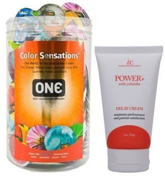 Набор из ONE Color Sensations 100 шт + Пролонгатор Doc Johnson Power+ с Yohimbe Delay Cream For Men 56 г SOS9174 фото