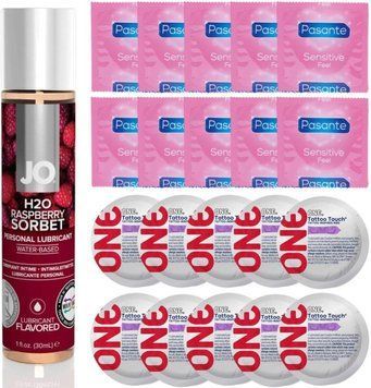 Набор 20 шт Pasante extra sensitive и ONE Tattoo Touch + System JO H2O &mdash; Raspberry Sorbet (30 мл) SOS4901 фото