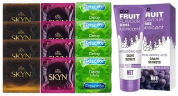 Комплект: Лубрикант OLO со вкусом винограда (120 мл) + 8 шт. SKYN + 4 шт. Pasante Delay Infinity SOS10669 фото