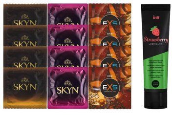 Комплект: Лубрикант Intt Strawberry (100 мл) + 8 шт SKYN + 4 шт EXS CRAZY COLA SOS10391 фото