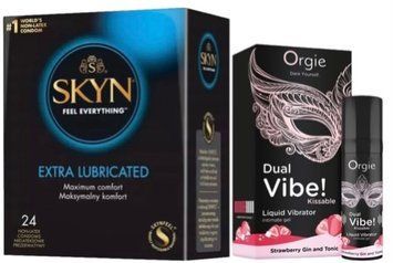 Набор из SKYN Extra Lube (24 шт) + Жидкий вибратор Orgie Dual Vibe! Strawberry Gin & Tonic Kissable Liquid Vibrator (15 мл) SOS10091 фото