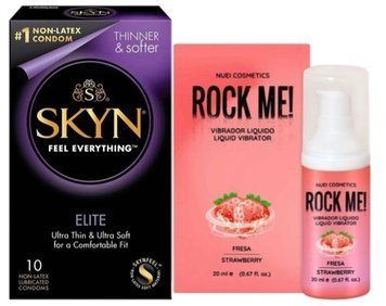 Набір з SKYN Elite (10 шт) + рідкий вібратор ROCK ME! Strawberry (20 мл) від Nuei SOS9745 фото