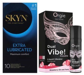 Набір з SKYN Extra Lube (10 шт) + Рідкий вібратор Orgie Dual Vibe! Strawberry Gin & Tonic Kissable Liquid Vibrator (15 мл)  SOS10191 фото