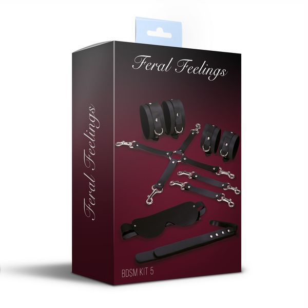 Набор для БДСМ 5 в 1 Feral Feelings BDSM Kit 5 Black, наручники, поножи, крестовина, маска, падл SO8272 фото
