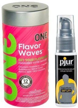 Набор из 12 шт ONE Flavor Waves + Пролонгатор pjur Superhero Serum 20 мл SOS9336 фото