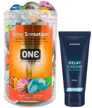 Набор из ONE Color Sensations 100 шт + Пролонгатор Boners Delay Cream 100 мл SOS9175 фото