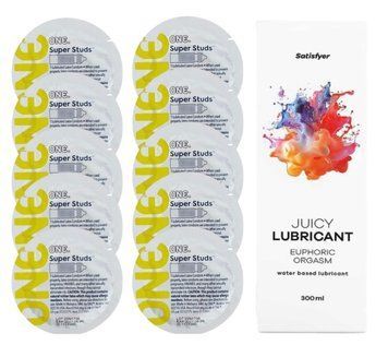 Комплект 𝐎𝐍𝐄 𝐒𝐮𝐩𝐞𝐫 𝐒𝐭𝐮𝐝𝐬 10 шт. + Лубрикант Satisfyer Juicy Lubricant Euphoric Orgasm (300 мл) SOS12344 фото