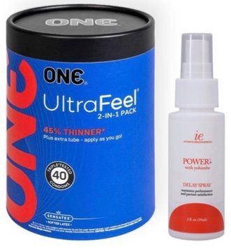 Набор из ONE UltraFeel 2-in-1 Pack 40 шт + Пролонгатор Doc Johnson Power+with Yohimbe Delay Spray For Men (59 мл) SOS9093 фото