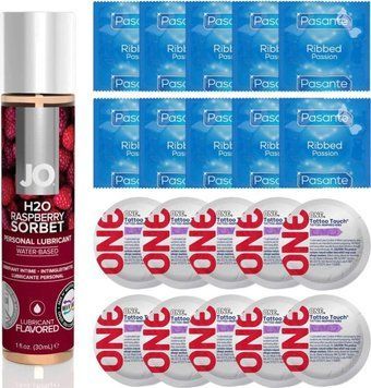 Набор 20 шт Pasante Ribbed и ONE Tattoo Touch + System JO H2O &mdash; Raspberry Sorbet (30 мл) SOS4902 фото