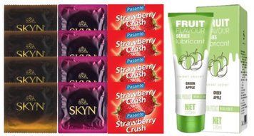 Комплект: Лубрикант OLO со вкусом яблока (120 мл) + 8 шт. SKYN + 4 шт. Pasante Strawberry SOS10721 фото