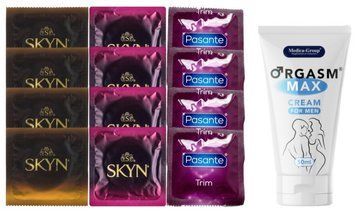 Комплект: Пролонгатор Medica-Group Orgasm Max 50 мл + 8 шт SKYN + 4 шт Pasante TRIM SOS10964 фото