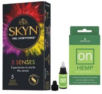 Набор из SKYN 5 Senses + Возбудительные капли для клитора Sensuva &ndash; ON for Her Hemp Infused Arousal Oil (5 мл) с маслом конопли SOS9637 фото