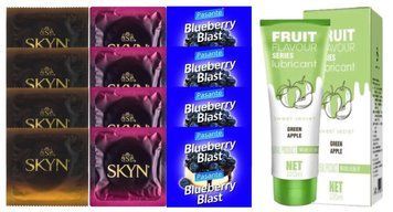Комплект: Лубрикант OLO со вкусом яблока (120 мл) + 8 шт. SKYN + 4 шт. Pasante Blueberry SOS10722 фото