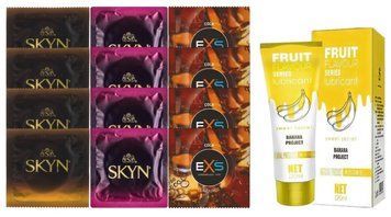 Комплект: Лубрикант OLO Banana (120мл) +8 шт. SKYN+4 шт. EXS CRAZY COLA SOS10473 фото