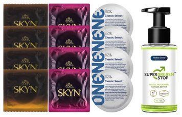 Комплект: Пролонгатор Super Orgasm Stop Гель (150 мл) + 8 шт. SKYN + 4 шт. ONE Classic SOS10772 фото