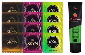 Комплект: Лубрикант Intt Strawberry (100 мл) + 8 шт SKYN + 4 шт EXS Glow in the Dark SOS10394 фото