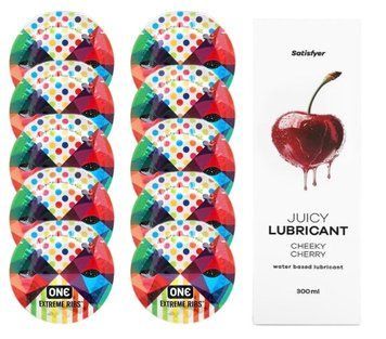 Комплект One Extreme ribs 10 шт. + Лубрикант Satisfyer Juicy Lubricant Cheeky Cherry (300 мл) SOS12146 фото