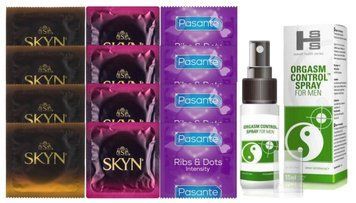 Комплект: Пролонгатор SHS Orgasm Control Spray 15 мл + 8 шт. SKYN + 4 шт. Pasante Intensity (Ribs & Dots) SOS10917 фото