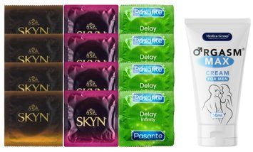 Комплект: Пролонгатор Medica-Group Orgasm Max 50 мл + 8 шт SKYN + 4 шт Pasante Delay SOS10966 фото