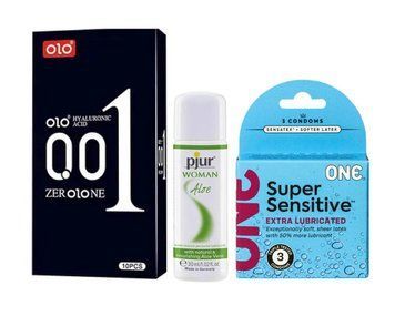 Набор : OLO Black 001 (10 шт) ,ONE Super Sensitive Triple Set (3 шт) и Лубрикант Pjur Woman Aloe &ndash; 30 мл SOS991 фото