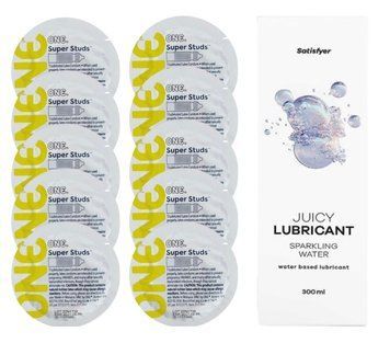 Комплект 𝐎𝐍𝐄 𝐒𝐮𝐩𝐞𝐫 𝐒𝐭𝐮𝐝𝐬 10 шт. + Лубрикант Satisfyer Juicy Lubricant Sparkling Water (300 мл) SOS12347 фото