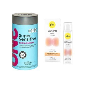 ONE Super Sensitive Pack 12 шт.+ Жидкий вибратор pjur Woman Lust Intense (15 мл) SOS6552 фото