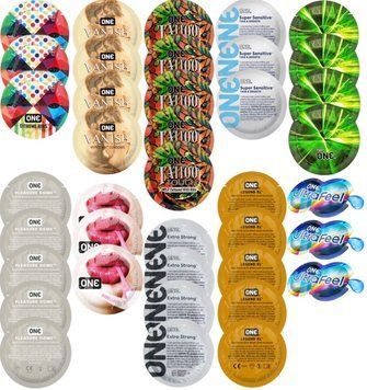 Набір з 39 шт ONE Extreme Ribs + ONE Vanish + ONE Tattoo + ONE Sensitive + ONE Glowing + ONE Pleasure Dome + ONE Bubblegum + ONE Extra Strong + ONE Legend XL + ONE UltraFeel SOS8318 фото
