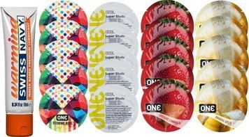 Набор из Swiss Navy Warming 10мл + ONERibs + ONE Studs + ONEChocolateStrawberry + ONEBanana SOS8585 фото