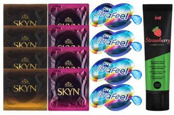 Набір:  Лубрикант Intt Strawberry (100 мл) + 4 шт SKYN passion daiquiri + 4 шт SKYN CHERRY SUNRISE + 4 шт 𝐎𝐍𝐄 𝐔𝐥𝐭𝐫𝐚𝐅𝐞𝐞𝐥 SOS10360 фото