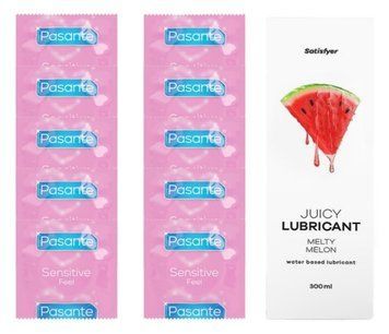 Комплект Pasante extra sensitive 10 шт. + Лубрикант Satisfyer Juicy Lubricant Melty Melon water based 300 мл SOS11513 фото