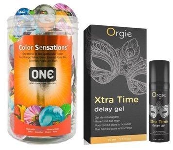 Набор из ONE Color Sensations 100 шт + Пролонгатор X-TRA TIME, 15 мл ORGIE SOS9193 фото