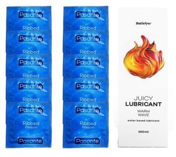 Комплект Pasante Ribbed 10 шт. + Лубрикант Satisfyer Juicy Lubricant Warm Wave (300 мл) SOS12112 фото