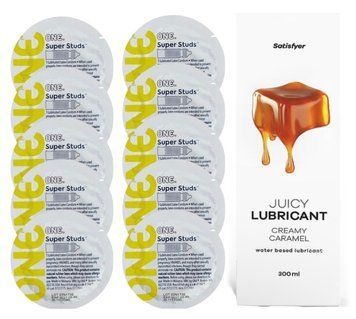 Комплект 𝐎𝐍𝐄 𝐒𝐮𝐩𝐞𝐫 𝐒𝐭𝐮𝐝𝐬 10 шт. + Лубрикант Satisfyer Juicy Lubricant Creamy Caramel (300 мл) SOS12362 фото
