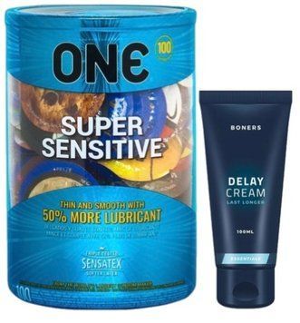 Набор из ONE Super Sensitive 100 шт + Пролонгатор Boners Delay Cream 100 мл SOS9490 фото