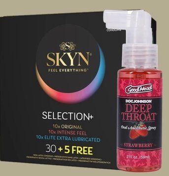 Комплект Skyn Selection 30 шт + 5 of 5 Senses , 35 шт + Спрей Doc Johnson GoodHead Deep Throat Spray Sweet Strawberry 59 мл SOS5500 фото