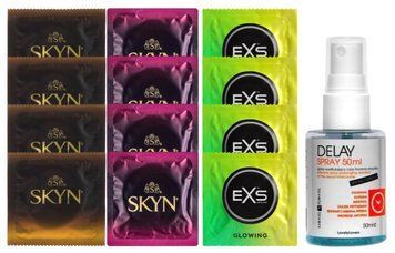 Комплект: Пролонгатор LOVELY LOVERS DELAY SPRAY 50 ML + 8 шт SKYN + 4 шт EXS Glow in the Dark SOS10824 фото