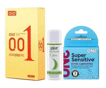 Набор : OLO Gold 001 (10 шт) ,ONE Super Sensitive Triple Set (3 шт) и Лубрикант Pjur Woman Aloe &ndash; 30 мл SOS992 фото