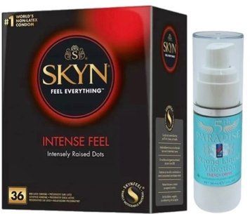 Набір з SKYN Intense Feel (36 шт)  + рідки вібратор 5th Paradise Liquid Vibrator &mdash; Енергетичний напій (30 мл)  SOS9850 фото