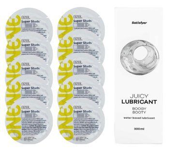 Комплект 𝐎𝐍𝐄 𝐒𝐮𝐩𝐞𝐫 𝐒𝐭𝐮𝐝𝐬 10 шт. + Лубрикант Satisfyer Juicy Lubricant Boogy Booty (300 мл) SOS12348 фото