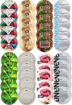 Набір з 40 шт ONE Ribs + ONE Vanish + ONE Tattoo + ONE Sensitive + ONE Glowing + ONE Dome + ONE Bubblegum + ONE Extra Strong SOS8305 фото