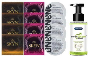 Комплект: Пролонгатор Super Orgasm Stop Гель (150 мл) + 8 шт. SKYN + 4 шт. ONE Extra strong SOS10775 фото