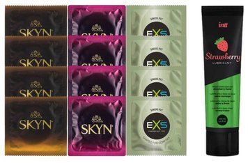 Комплект: Лубрикант Intt Strawberry (100 мл) + 8 шт SKYN + 4 шт EXS Snug Fit SOS10397 фото