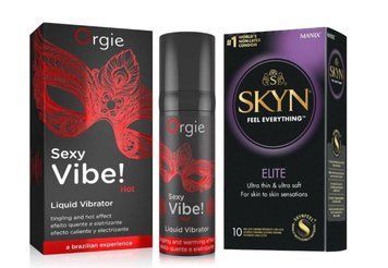 SKYN Elite &ndash; 10 шт и Жидкий ORGIE SEXY VIBE HOT, 15 мл + согревающий эффект SOS812 фото