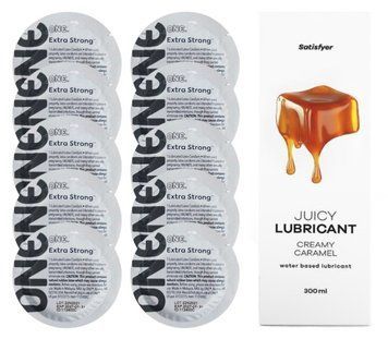 Комплект ONE Extra strong 10 шт. + Лубрикант Satisfyer Juicy Lubricant Creamy Caramel (300 мл) SOS12249 фото