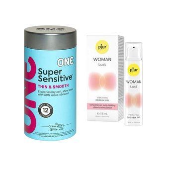 ONE Super Sensitive Pack 12 шт+Жидкий вибратор pjur Woman Lust (15 мл) SOS6553 фото